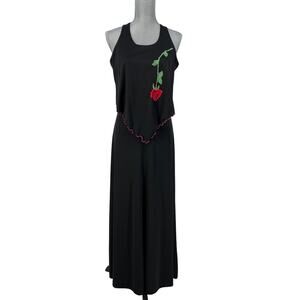 Vintage Union Made Black Sleeveless Maxi Dress Embroidery Rose Womens Size 6 8